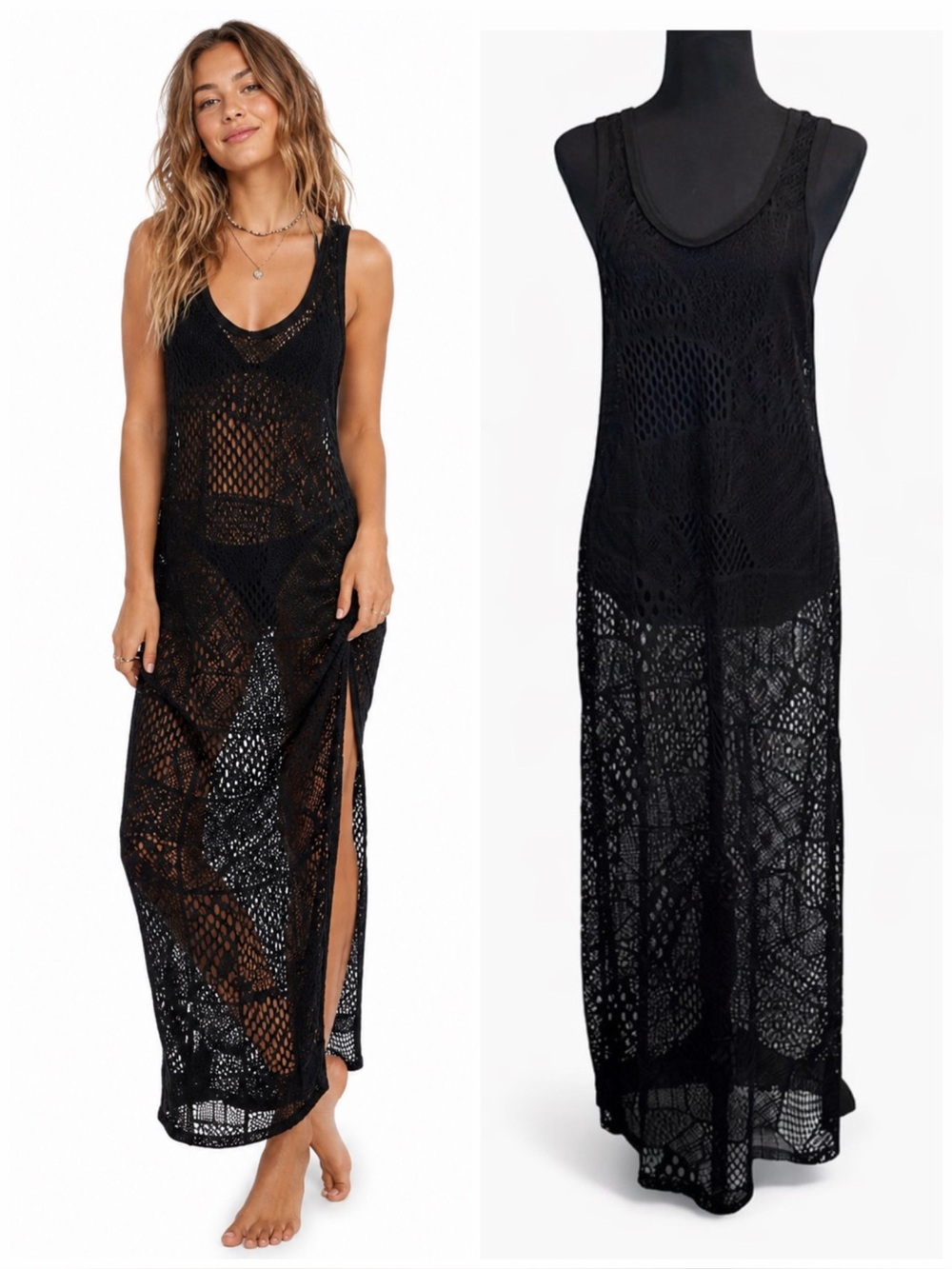 Venus Black Patchwork Crochet Maxi Swim Cover Up Boho Beach Dress M